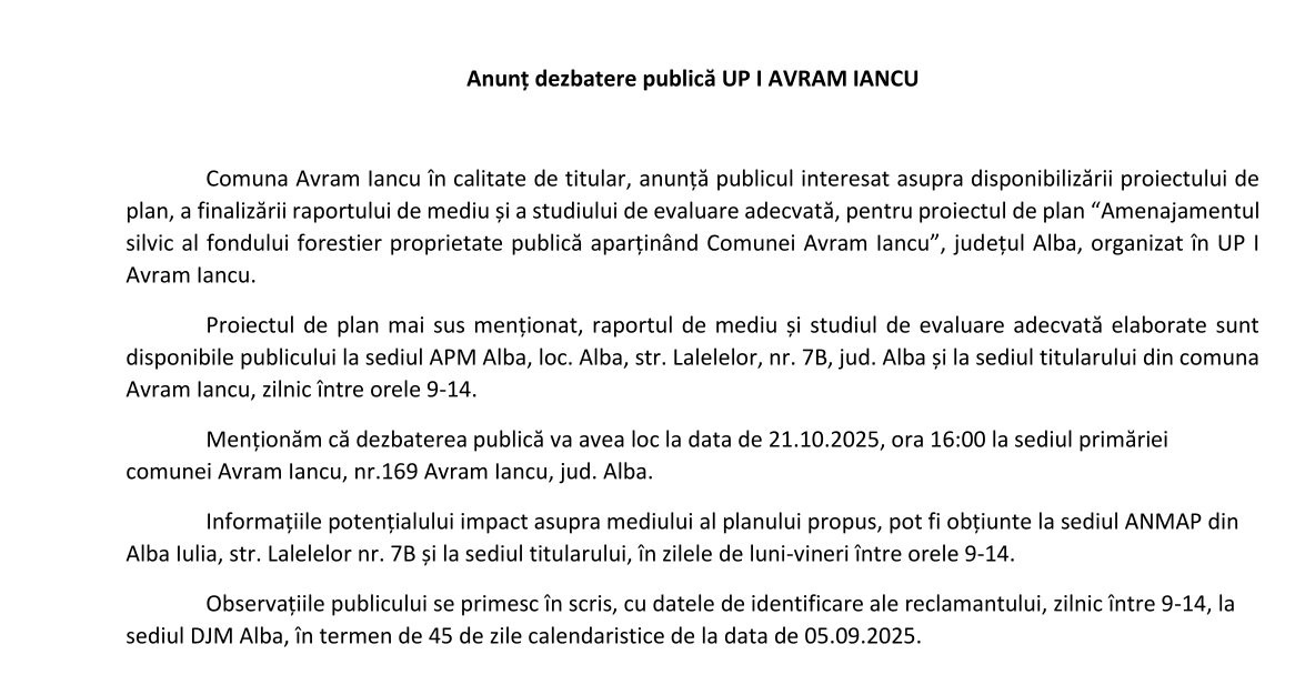 Anunț dezbatere publică UP I  AVRAM IANCU